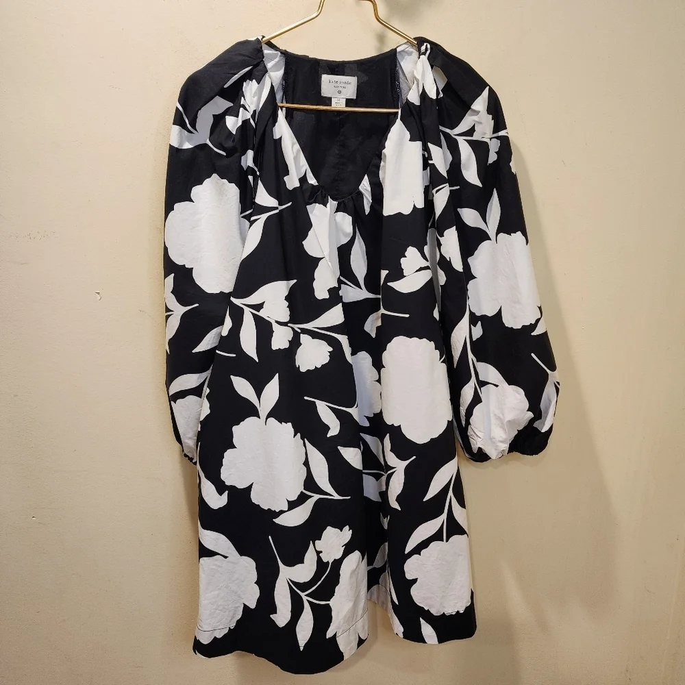 Kate Spade Black and White Floral Long Sleeves V Neck Mini  Dress XS
